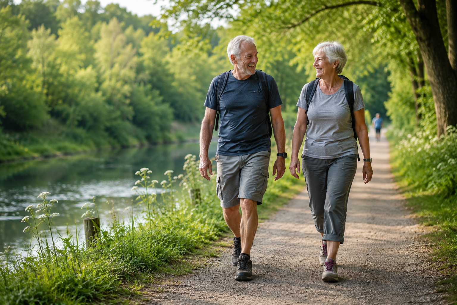 Older couple walking outdoors together on a scenic riverside path